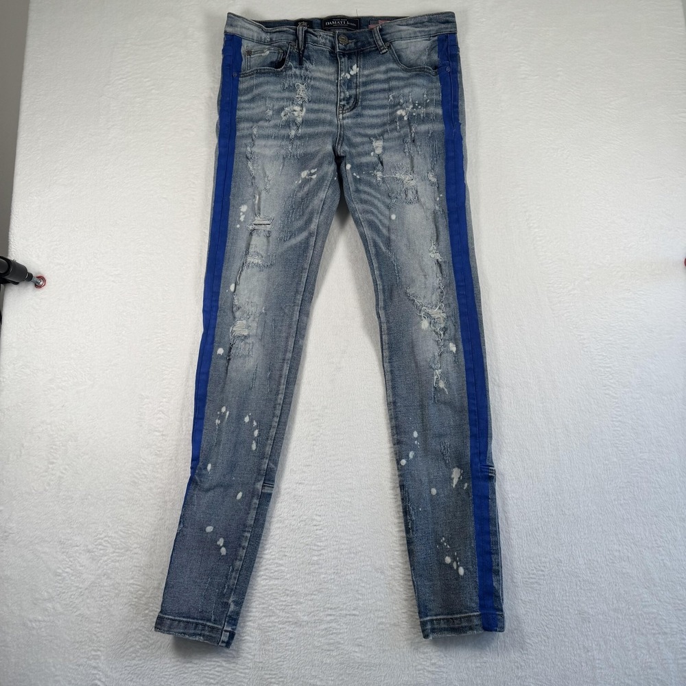 Damati Jeans Mens 33x31 Blue Light Wash Distressed Stripe Skinny Stretch Denim